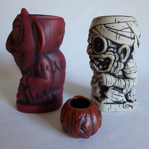 NEW 2021 TRICK OR TREAT VAMPIRE MUMMY PUMPKIN CERAMIC TIKI MUG SET + BONUS PIN - Picture 9 of 14